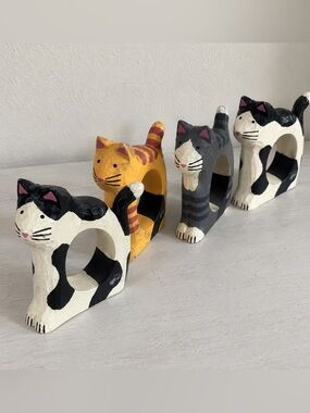 Vintage Hallmark Cat Wood Napkin Rings Set of 4 1980s 1990s Retro Table Decor